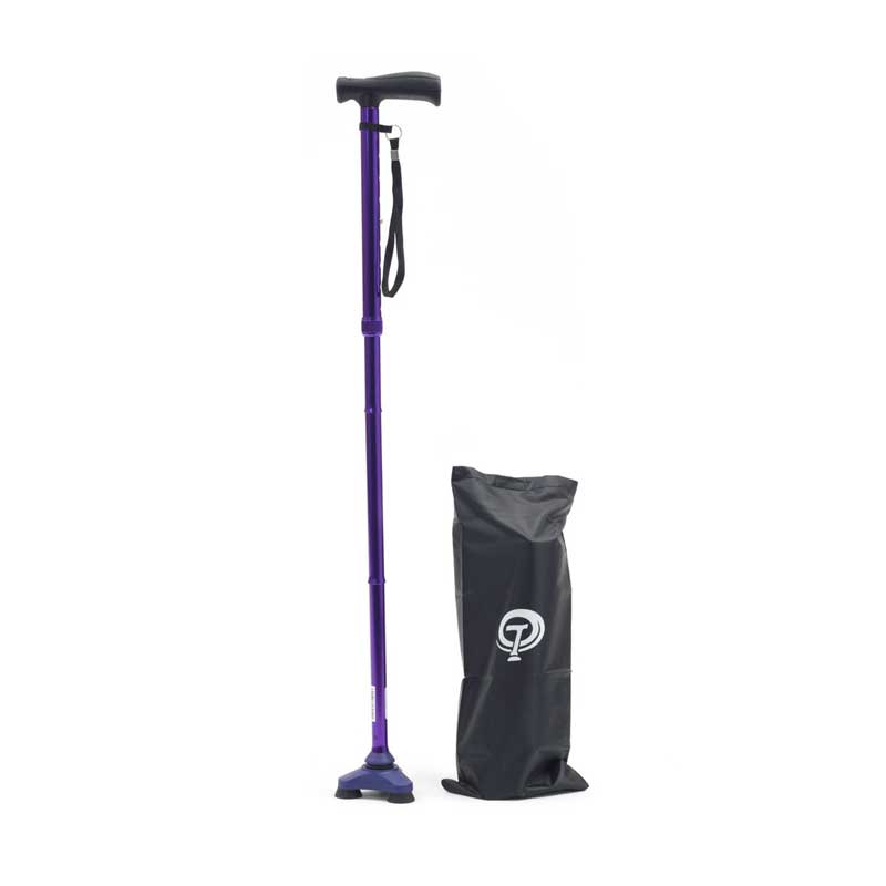 A single walking cane with three rubber feet and bag