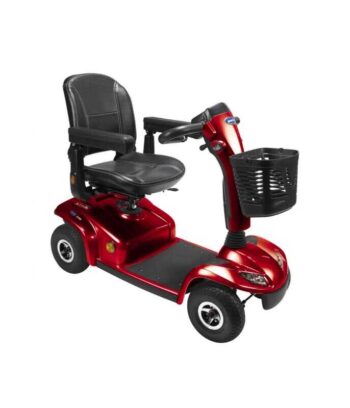 Red mobility scooter with basket on front