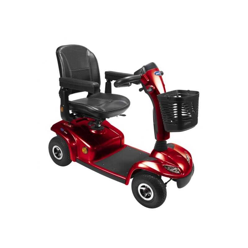 Red mobility scooter with basket on front