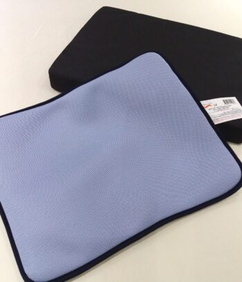 Pale blue seat pad with black cushion.
