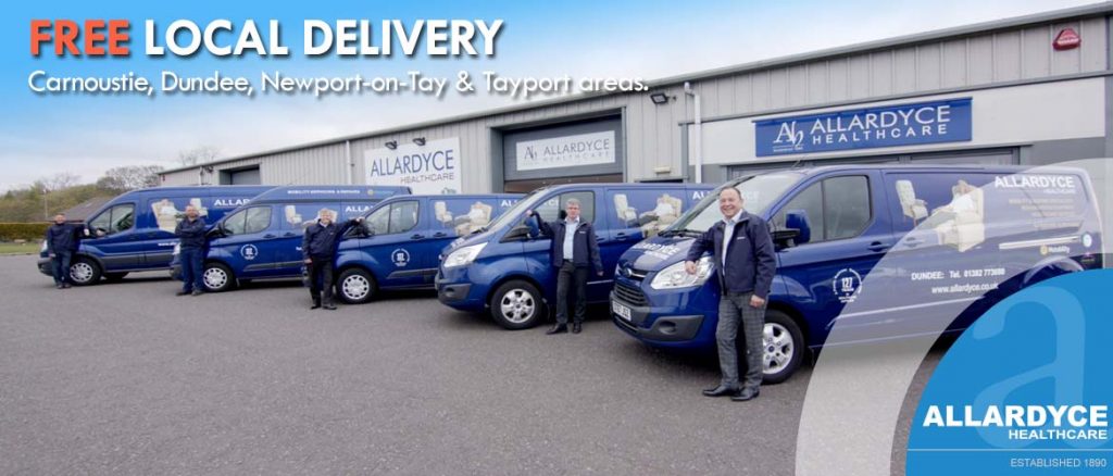 Row of Allardyce Healthcare delivery vans and drivers
