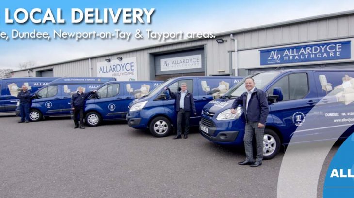 Row of Allardyce Healthcare delivery vans and drivers