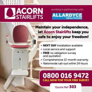 Acorn stairlift in position at bottom of stairs.